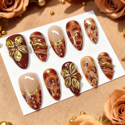 Fall Press on Nails Medium Almond 3D Gold Flower Fake Nails