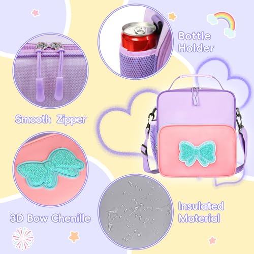 Insulated Kids Lunch Bag with Bow Patch - Pink Purple School Lunch Box