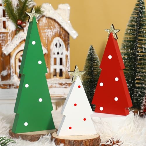 FINDRICH Green Indoor Christmas Tree Decorations Set - 3PCS Wooden Tabletop Holiday Centerpieces with Glitter Stars