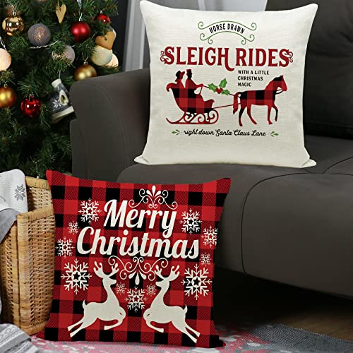 Hlonon Christmas Pillow Covers Set of 4 - 18x18 Inch Cotton Linen