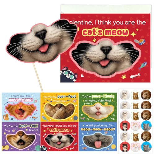30 Cute Kitten Valentine's Day Cards for Kids with Envelopes & Stickers