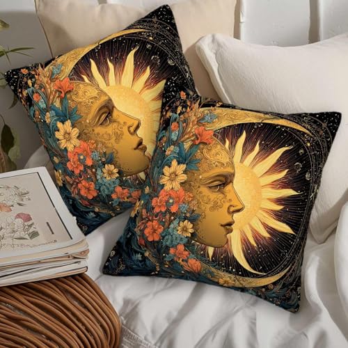 Celestial Sun Moon Throw Pillow Covers Set of 2 - 18x18 Inch