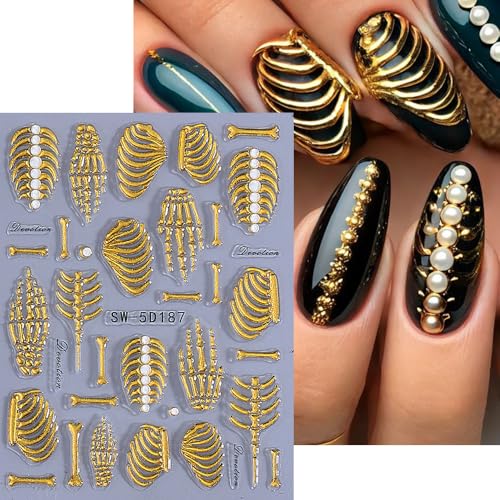 Qdsuh 5D Embossed Skull Halloween Nail Art Stickers Gold Rose Gold