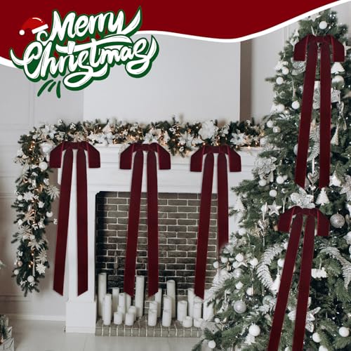 Christmas Velvet Wreath Bows 8 Pcs Large Burgundy 24x12 Inch Rustic Holiday Decor