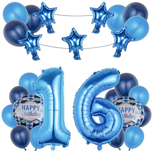 16th Birthday Decorations with 29 Pcs Blue Balloons Set