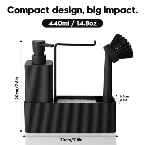 YAUKPH 4 in 1 Kitchen Soap Dispenser Set - Soap Dispenser Brush Sponge Holder Towel Rack (Striped Black)
