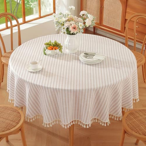 Beige 70-Inch Round Outdoor Tablecloth - Fall Pattern, Heavy Waterproof Fabric