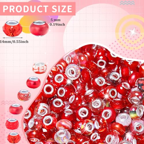 60 Pcs Red Large Hole Beads 14mm European Craft Beads for DIY Jewelry Making