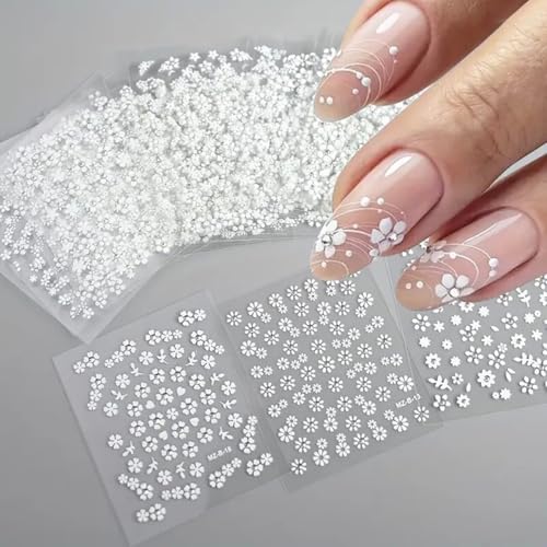 30 Sheets 3D White Flower Nail Art Stickers Self-Adhesive Floral Decals