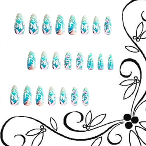 Light Blue Almond Press on Nails with Starfish Shells and Rhinestones
