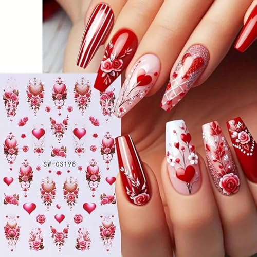 Valentine Nail Art Stickers 6 Sheets Wine Red Heart Rose Decals
