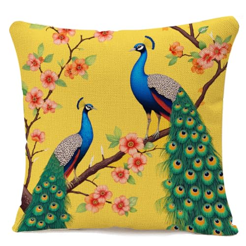 Peacock Watercolor Throw Pillow Cover 18x18 - Cotton Linen