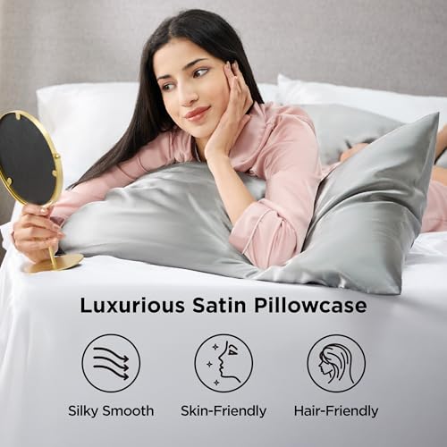 Bedsure Satin Pillowcase Set of 4 - Queen 20x30 Inches Silver Grey