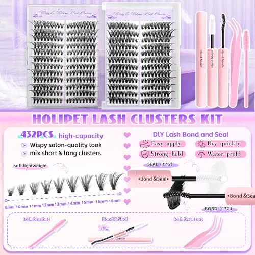 Holipet 432 Pcs DIY Lash Clusters Kit Wispy D Curl Extension Set