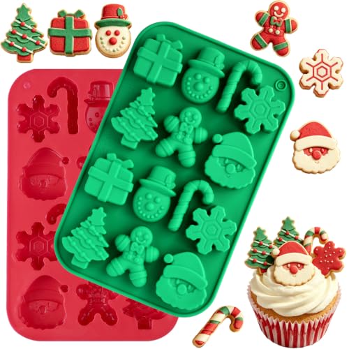 Christmas Silicone Molds 2PCS - Santa, Christmas Tree, Snowman & Gingerbread Design - 14 Cavity Candy & Cookie Molds - Variation 1-2pcs