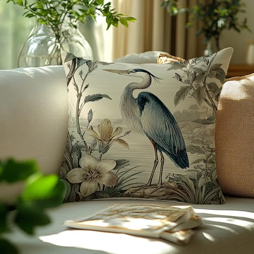 Vintage Blue Heron Pillow Cover 18x18 - Bird-03, Double-Sided Flannel