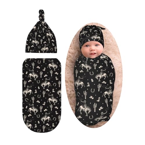 Broiteid Newborn Baby Swaddle Blanket and Beanie Hat Set - Cowboy Western