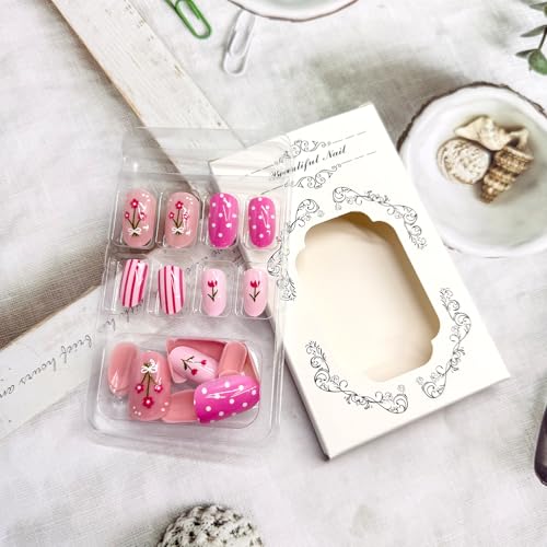 Medium Oval Press on Nails Cute Strawberry Acrylic False Nails Pink Tulip