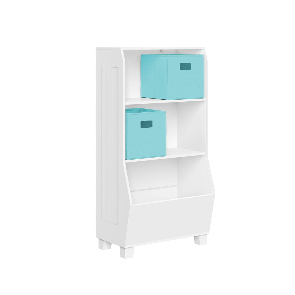 RiverRidge Kids Bookshelf with Veggie Storage Bin and 2 Open Shelves and 2 Aqua Fabric Bins - Kids Storage Organizer, Toy Shelf & Book Shelf