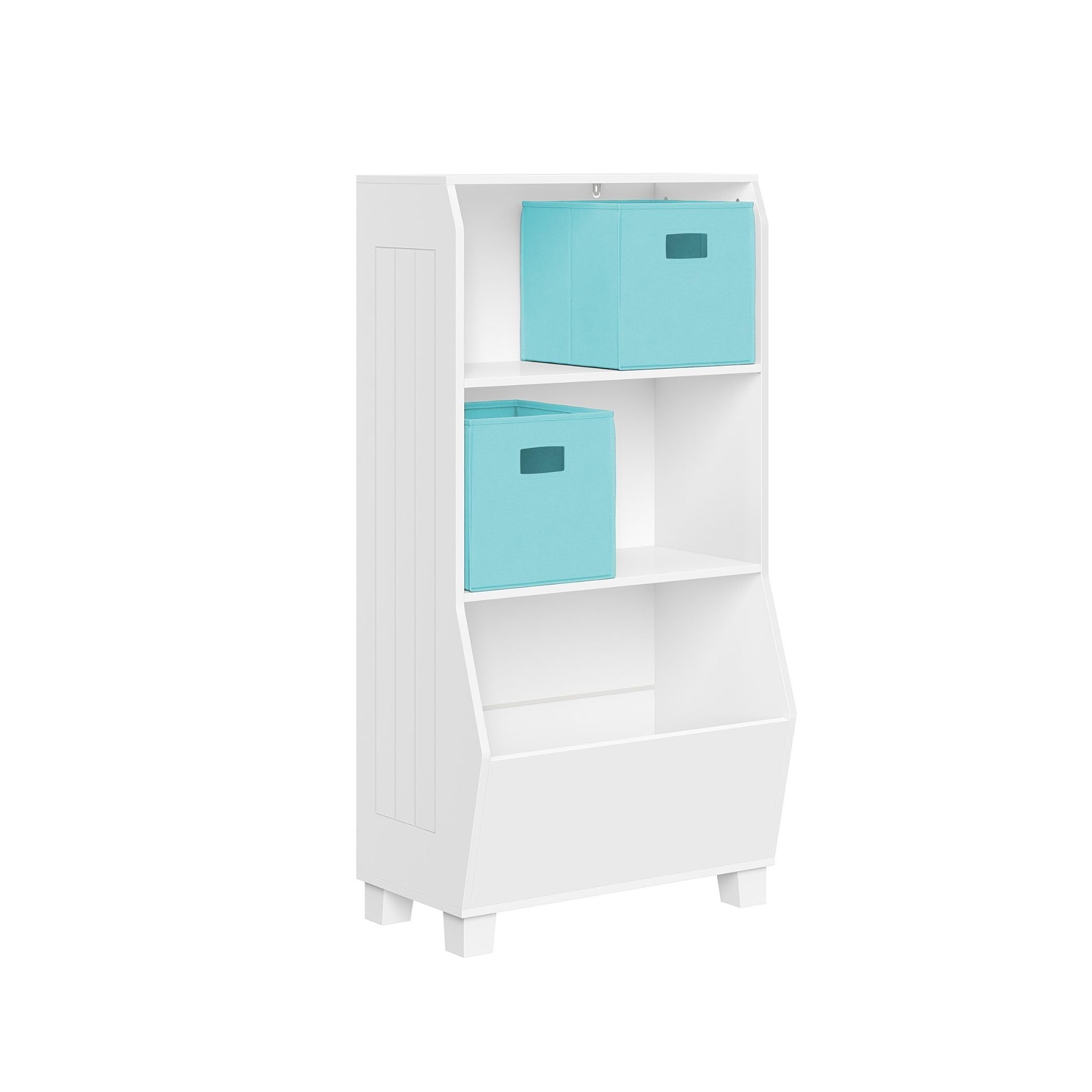 RiverRidge Kids Bookshelf with Veggie Storage Bin and 2 Open Shelves and 2 Aqua Fabric Bins - Kids Storage Organizer, Toy Shelf & Book Shelf