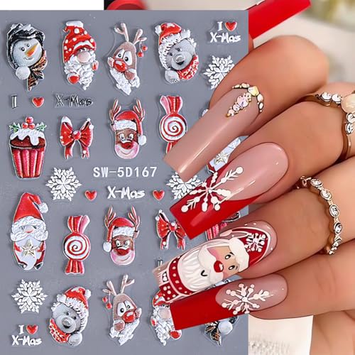 5D Embossed Christmas Nail Stickers Decals Santa Snowman 2PCS