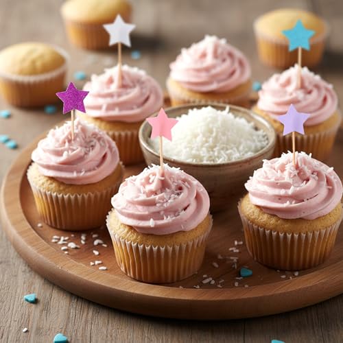 Sibba 40Pcs Glitter Star & Heart Cupcake Toppers Set