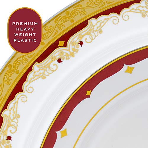 Laura Stein Vintage Burgundy Gold Rim Disposable Plastic Plates 64 Pack - Combo of 2 Sets