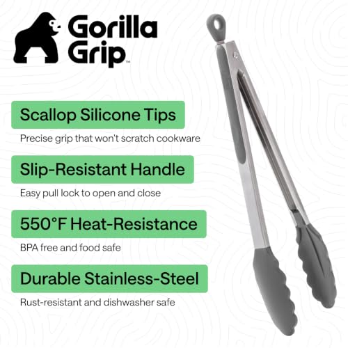 Gorilla Grip Stainless Steel Kitchen Tongs 7" & 9" Gray Set - Nonstick, Heat-Resistant, Locking Storage
