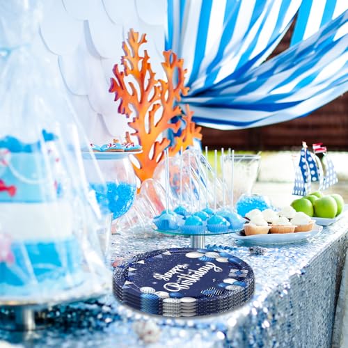 50-Pack 7-Inch Blue and Silver Birthday Paper Plates, Disposable Dessert Plates