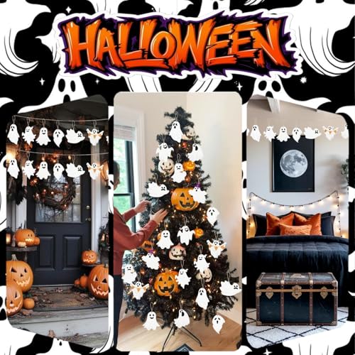 ZRETHFB 20Pcs Wooden Halloween Ghost Hanging Ornaments with Hemp Rope