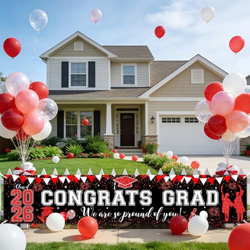 Large Red Black Graduation Banner - Class of 2026 Congrats Grad