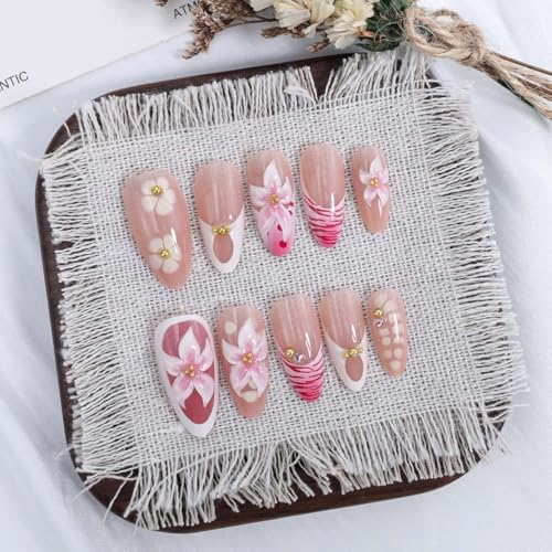 Flower French Tip Press On Nails Medium Almond Pink Fake Nails With Rhinestones