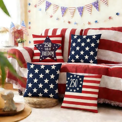 Set of 4 250 Years America Anniversary Pillow Covers - Stars & Stripes 18x18