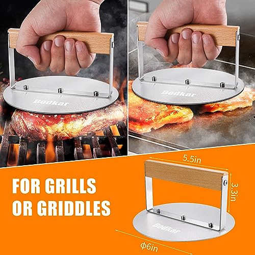 Bodkar 6-Inch Stainless Steel Burger Press with Heat-Resistant Wood Handle