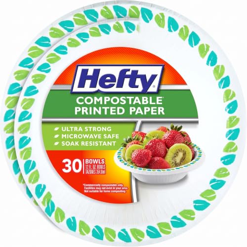 Hefty 12oz Compostable Paper Bowls Pack of 30 – Patterned, Microwave Safe, Soak-Resistant, Plant-Based Materials