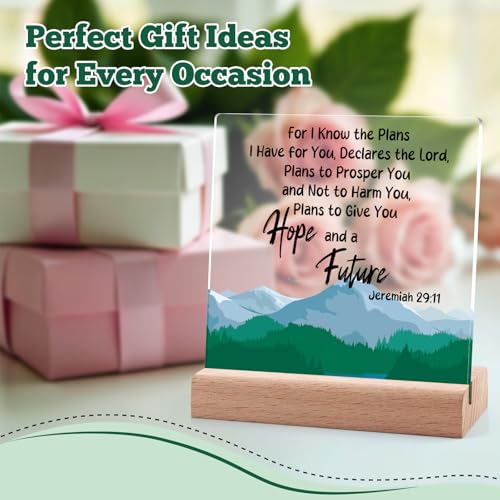 Inspirational Christian Acrylic Plaque with Wooden Stand - 4x4 Inch Desk Decor Gift