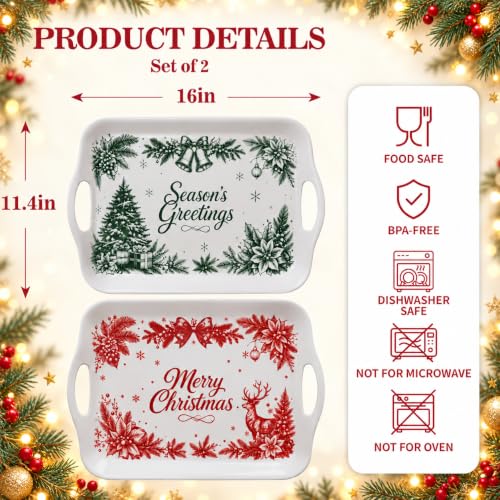 Christmas Melamine Serving Trays with Handles - 16 x 11.4 Inches Set of 2 - Festive Holiday Pattern
