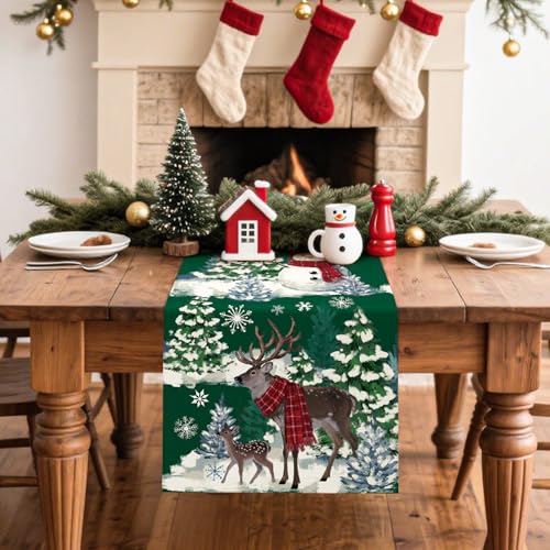 Artscope Reindeer Snowman Christmas Table Runner Green 13x72 Inch Holiday Decor