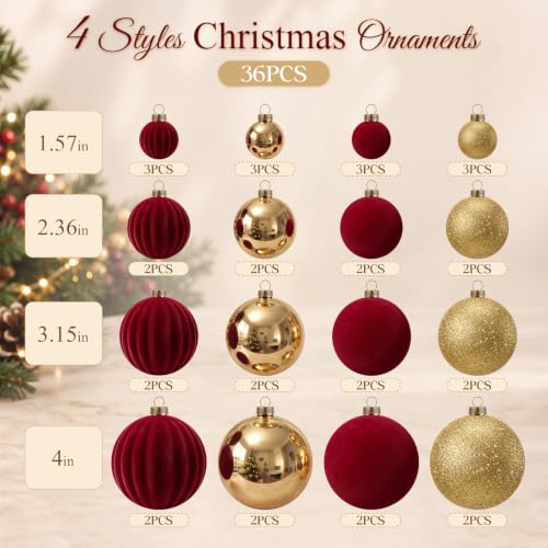 Velvet Christmas Tree Ornaments Set Burgundy Gold 36 Pcs - Red & Gold Variation