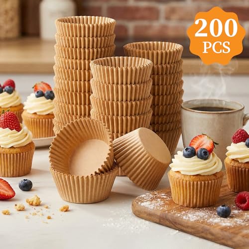 KORCCI Unbleached Parchment Cupcake Liners 200 Pack Non-Stick Muffin Cups