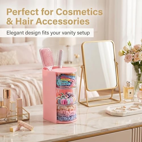 Hair Accessories Organizer with Rotating Brush Holder - 3-Tier Storage for Clips & Ties (Pink)