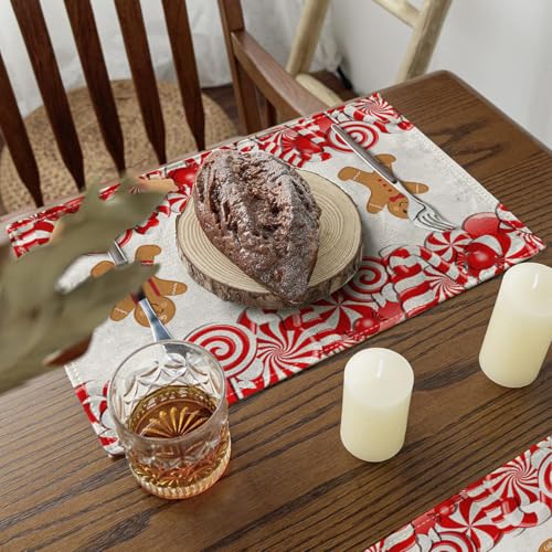Ansouyi Christmas Gingerbread & Candy Cane Placemats Set of 6 - Heat Resistant Linen Table Mats 12x18 Inches - Gingerbread / 6PCS