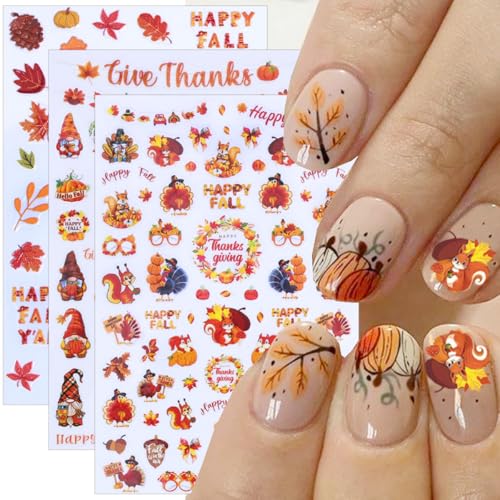 5D Embossed Thanksgiving Turkey Nail Stickers - 6 Sheets Fall Autumn Leaf Pumpkin Nail Decals Self-Adhesive Art Designs