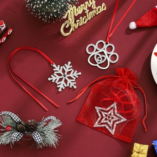 Set of 3 Silver Metal Christmas Tree Ornaments with Red Ribbon