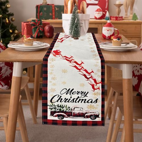 Buffalo Plaid Christmas Table Runner - 13 x 72 Inch Red Truck Decor