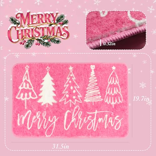 Pink Christmas Bathroom Rug 31.5x19.7 Inch Non-Slip Bath Mat with Xmas Tree Pattern