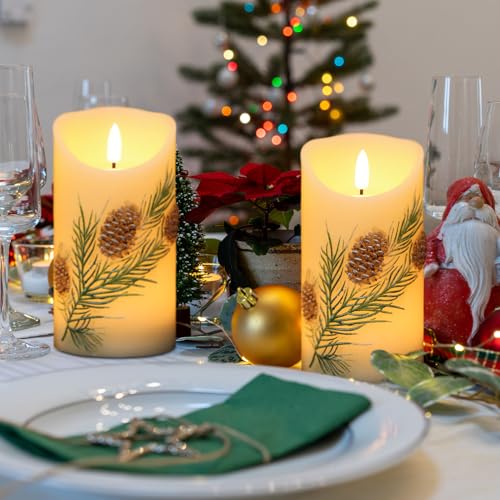 Flameless Candles with Pine Cones & Trees, 6H Timer, Safe Battery Operated Decor