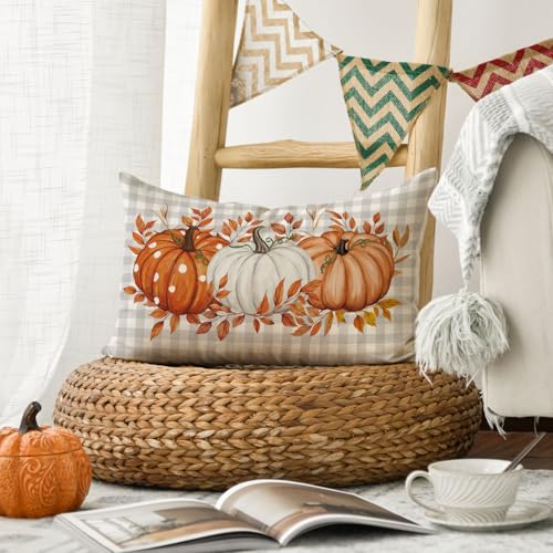 Fall Pumpkin Plaid Throw Pillow Cover - 12x20 Inch Seasonal Decor