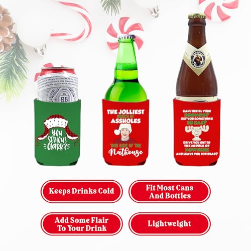 Funny Christmas Beer Can Coolers - 8 Pcs Holiday Beverage Sleeves, Reusable Neoprene Can Holders