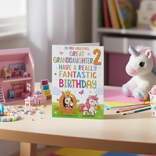 Great-Granddaughter 2nd Birthday Card, Princess & Unicorn A5 Greeting Card